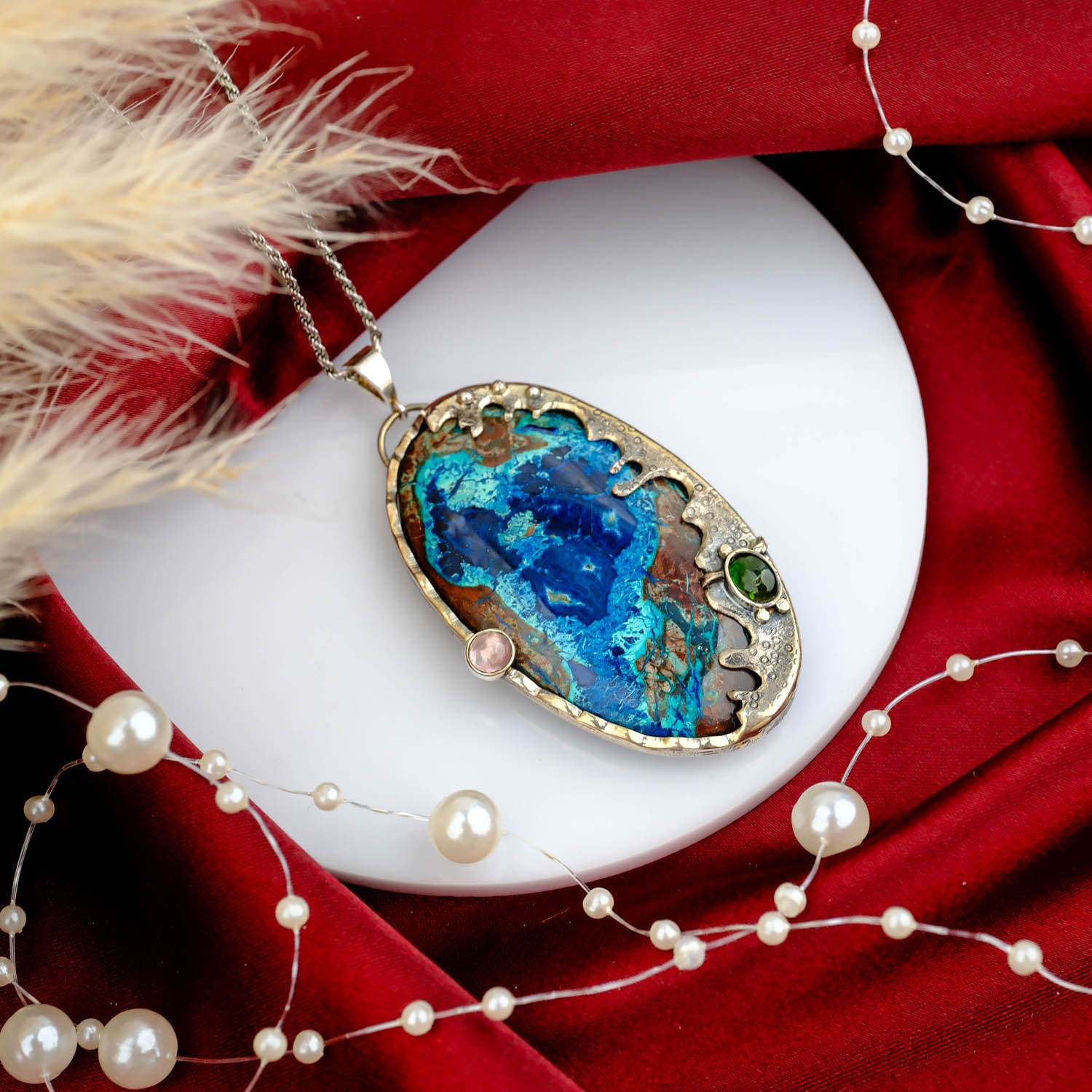 Tourmaline and Azurite Natural Stone Special Silver Women's Necklace (Large  Size) Your Gemstone