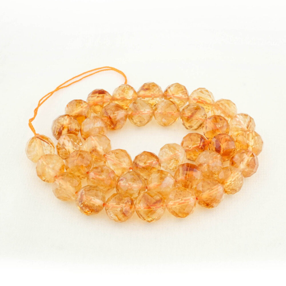 Front view of 5A+ Quality Citrine Natural Stone Bead (10mm), showing vibrant golden clarity and faceted brilliance.