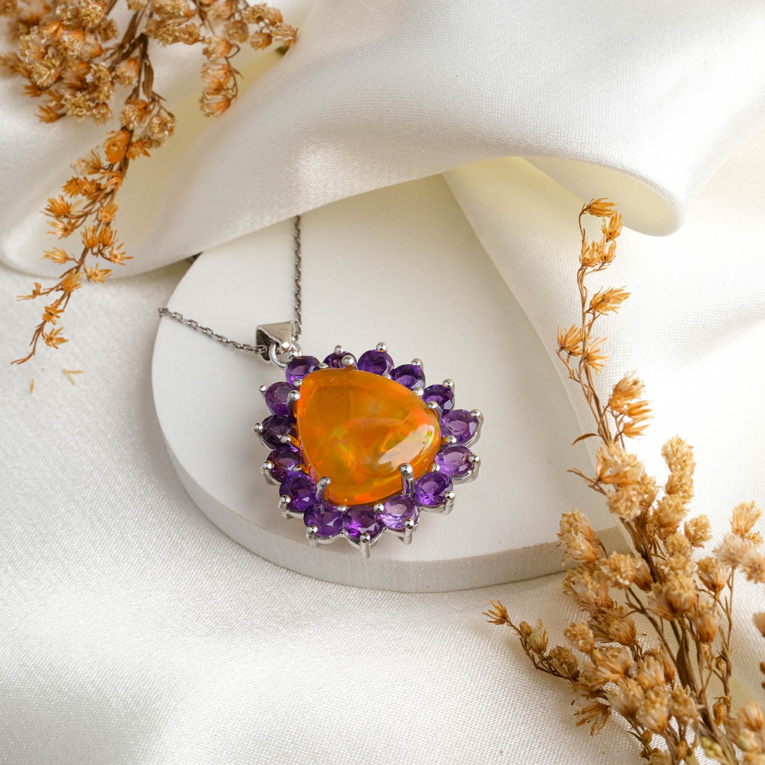 fire-opal-amethyst-sterling-silver-necklace-front Fire opal and amethyst pendant on 925 sterling silver chain.