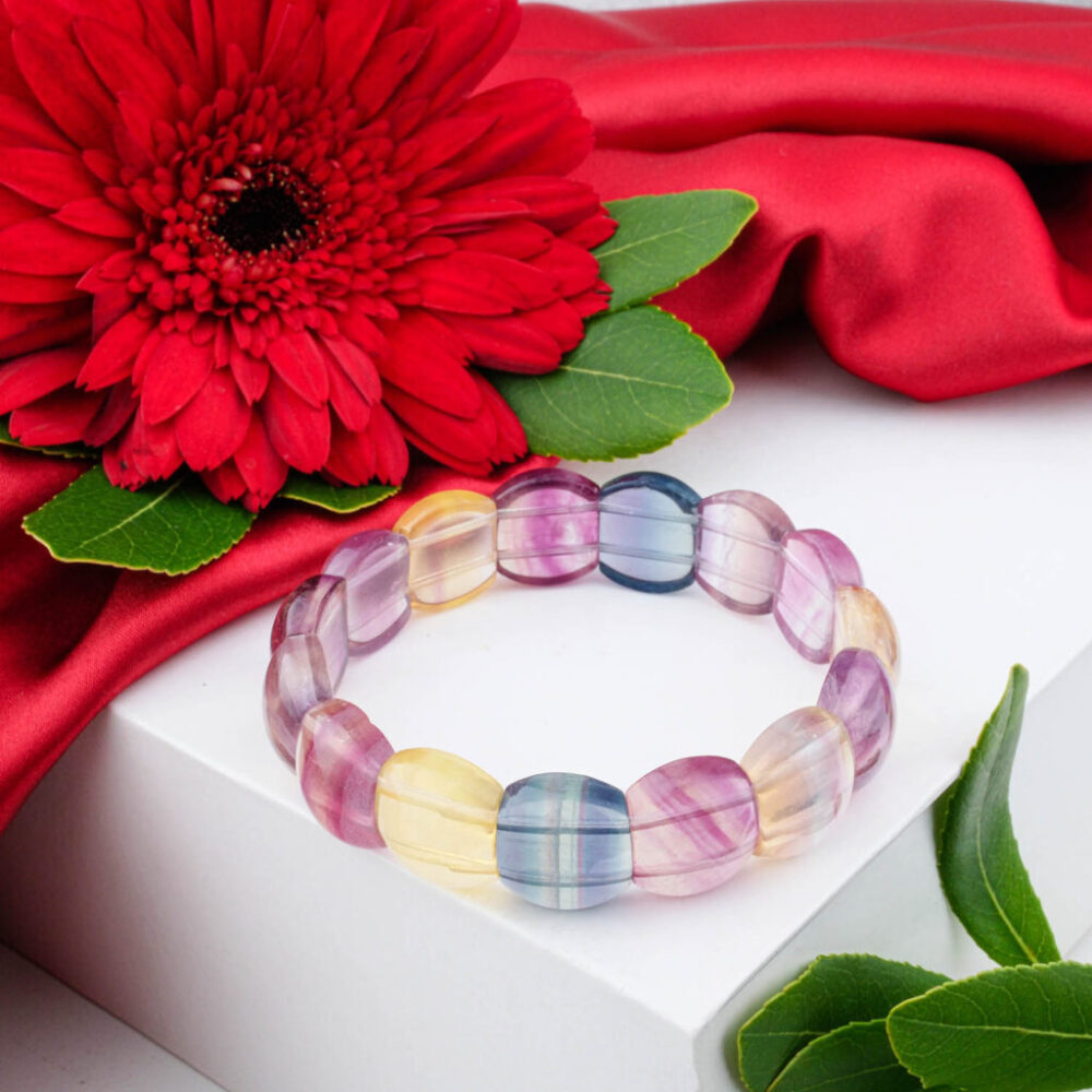 Premium 5A+ Rainbow Fluorite bracelet with faceted, multi-color (purple, blue, yellow) tile links in Rolex-style.