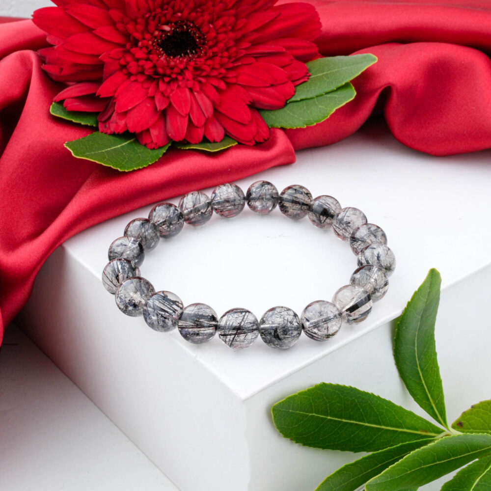 7A+ Grade Smoky Black Rutilated Quartz bracelet (9-10mm) with smoky beads and dense black tourmaline needles.