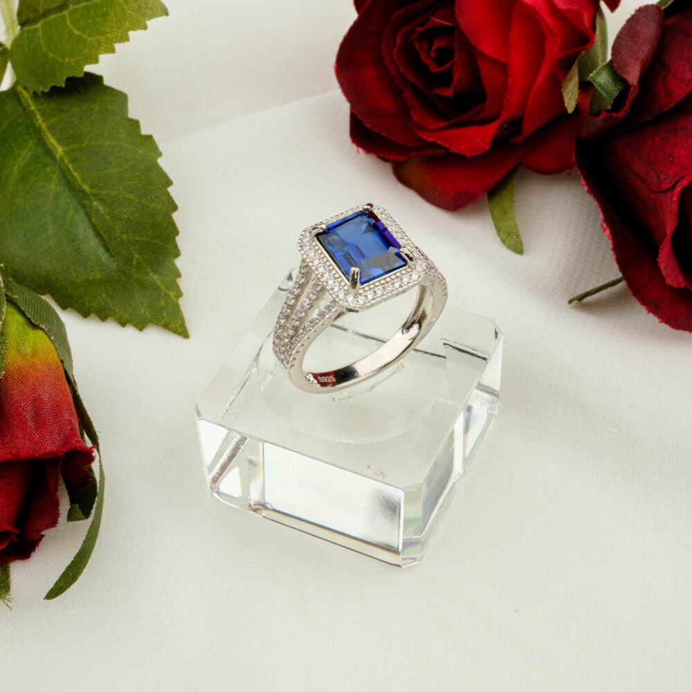 Blue sapphire 3 ct square-cut halo ring in sterling silver
