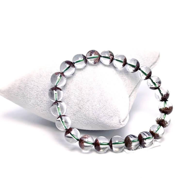 garden-quartz-7a-9-10mm-elastic-bead-bracelet Garden quartz (scenic quartz) 7A bracelet with 9–10 mm round beads on elastic, close-up of mossy inclusions