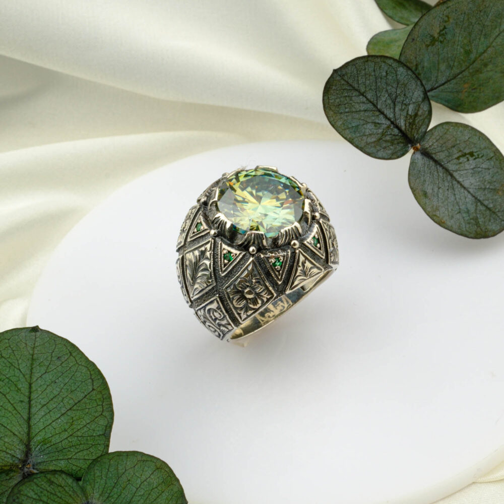 Moissanite men’s ring in 925 sterling silver with vintage crown bezel on white display