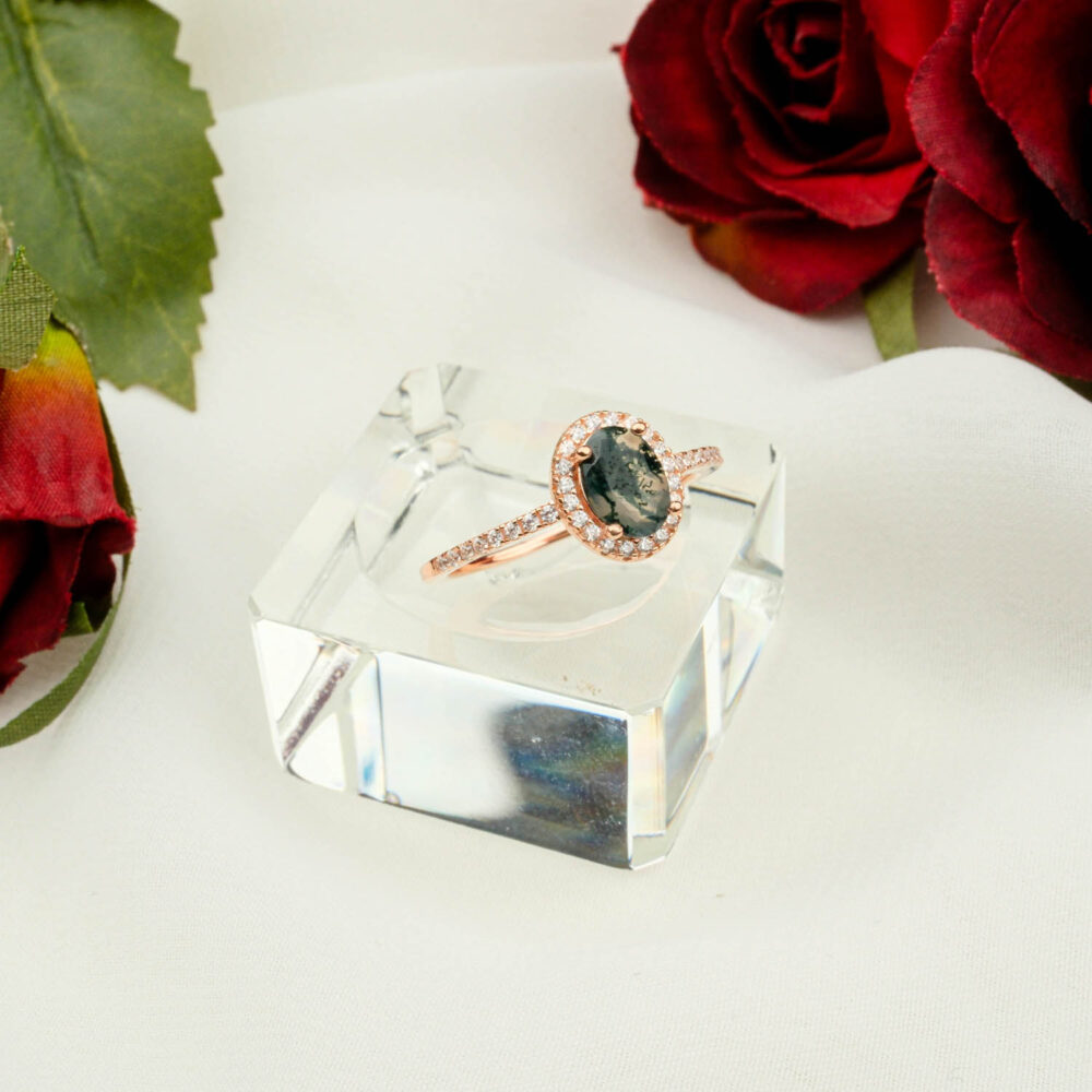 Moss agate oval halo ring in rose-plated sterling silver