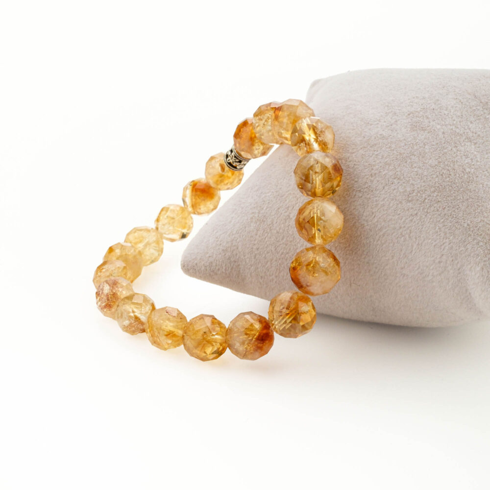 Pulsera de citrino con cuentas facetadas 10–11 mm calidad 5A+ en elástico, con separador plateado