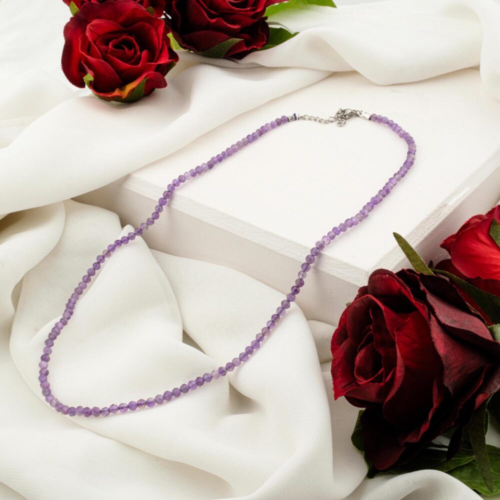 Delicate 3mm amethyst faceted bead necklace on white display
