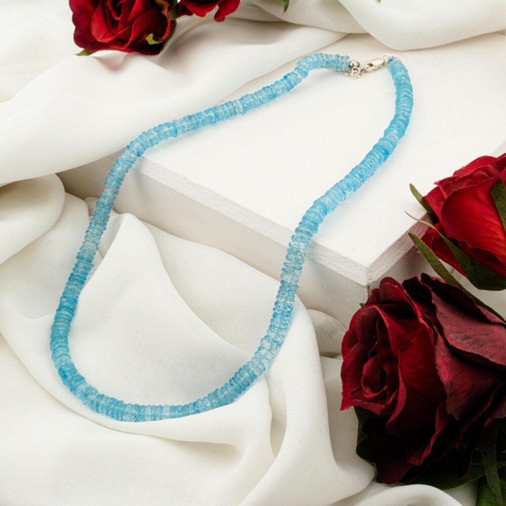 5A+ quality blue topaz necklace with faceted rondelle beads on white