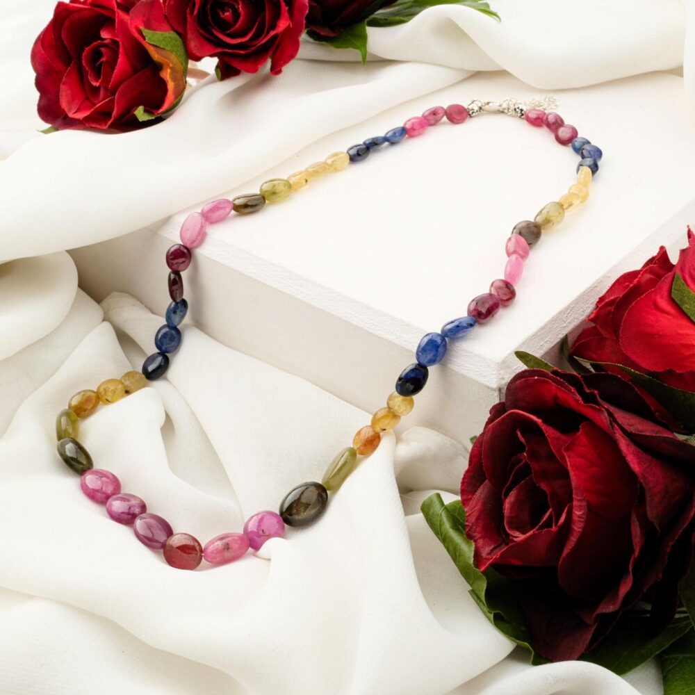 5A+ quality multi-color sapphire necklace with rainbow tumbled beads on white