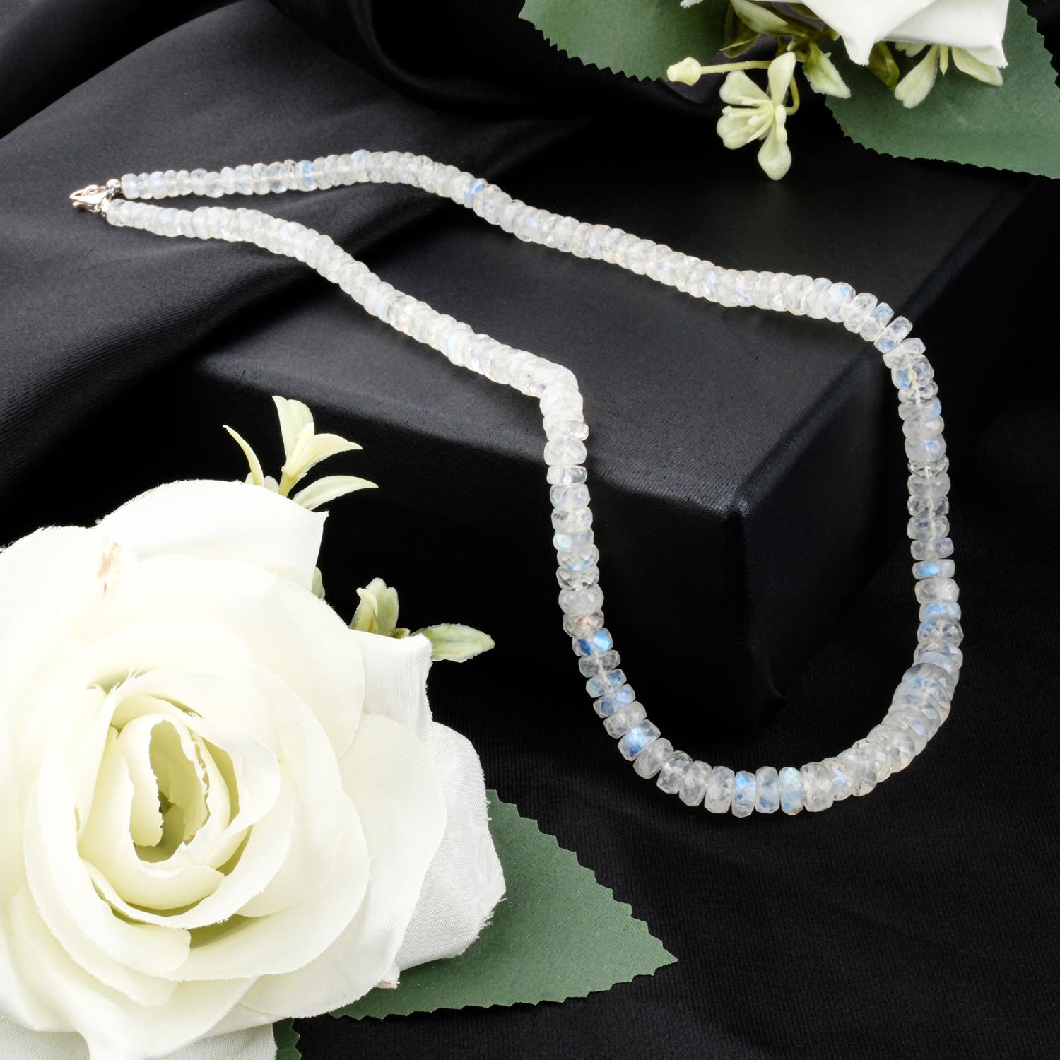 5a-rainbow-moonstone-rondelle-necklace 5A+ quality rainbow moonstone faceted rondelle necklace with 925 silver clasp on black box