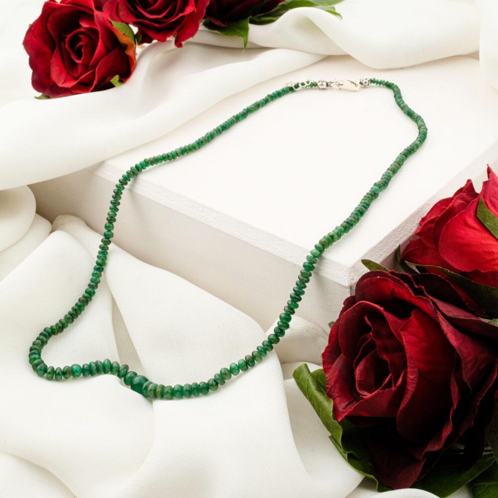 7A+ quality Zambian emerald necklace with faceted green gemstone beads on white