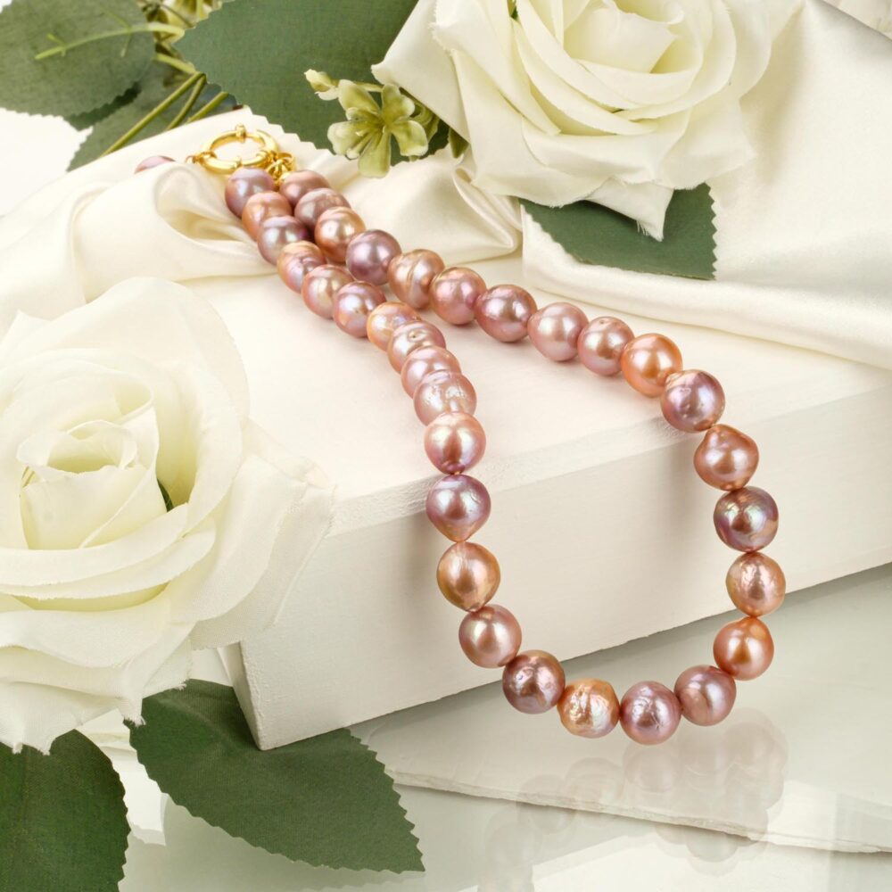 A+ quality large rose pearl necklace (9-10mm) with gold-plated 925 silver clasp on white