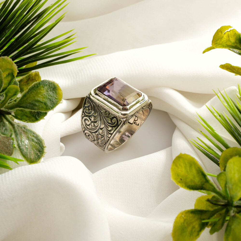 Handcrafted men’s ring with rectangular ametrine set in 925 sterling silver.