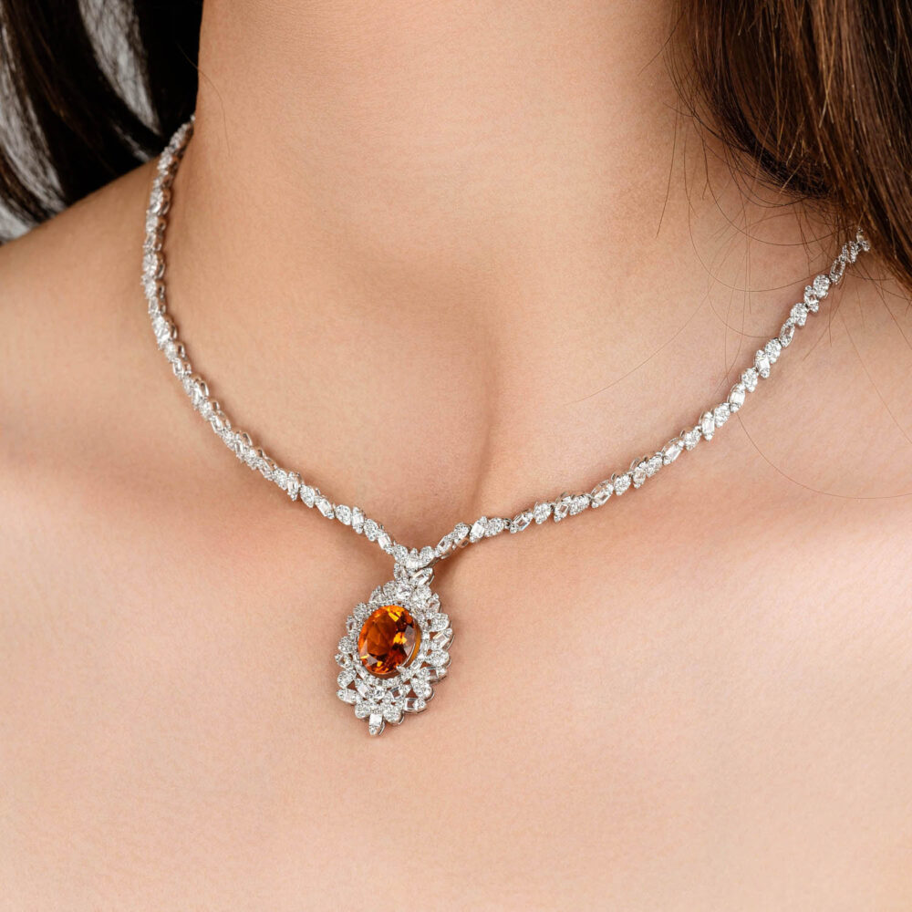 Designed genuine citrine necklace in 925 sterling silver on white background