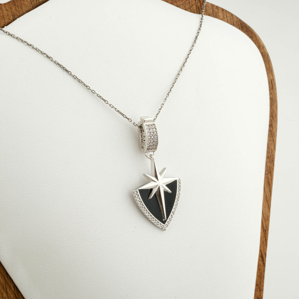 Collar premium de estrella con pavé de zirconitas en plata 925, sobre satén marrón con flores secas.
