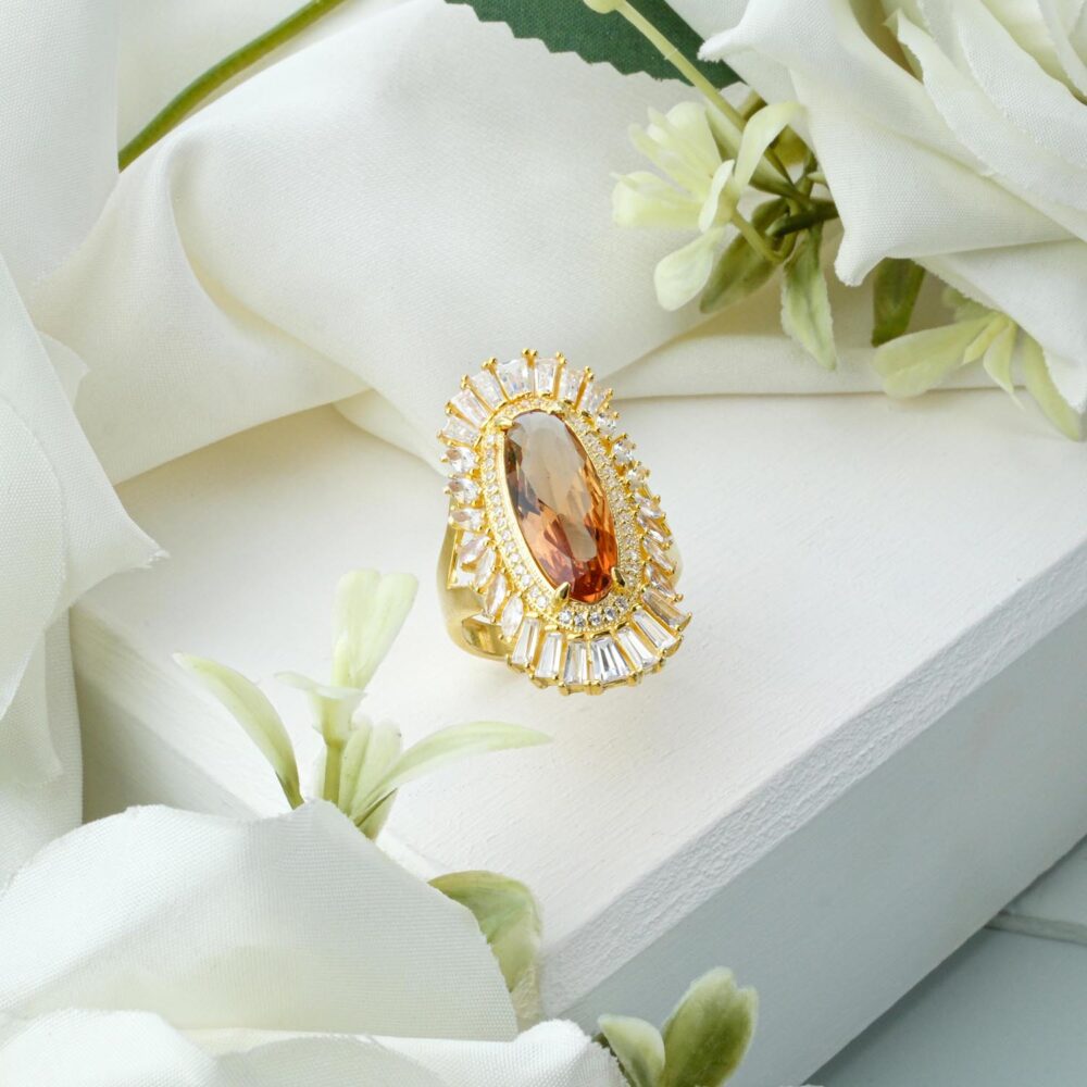 Large emerald-cut Zultanite ring in gold-plated 925 sterling silver with baguette zircon sunburst halo on white