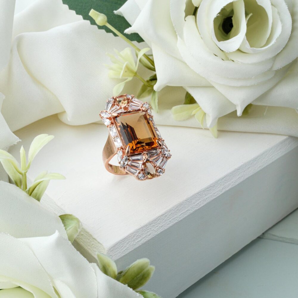 Large emerald-cut Zultanite ring in gold-plated 925 sterling silver with baguette zircon sunburst halo on white