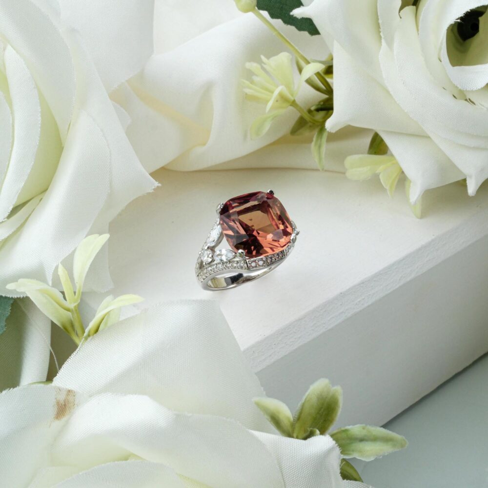 Large emerald-cut Zultanite ring in 925 sterling silver with baguette zircon band on white