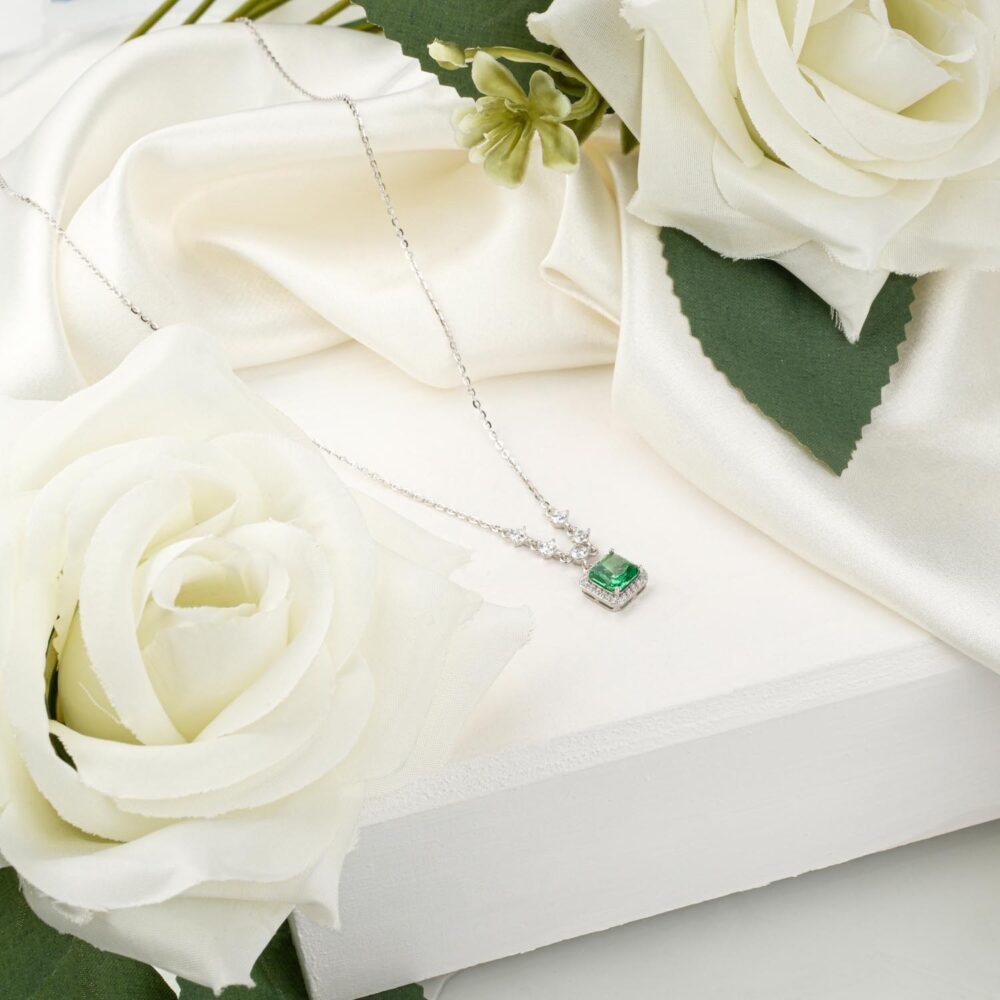 Certified "Ice Cut" emerald-cut green gemstone pendant necklace in 925 sterling silver with halo