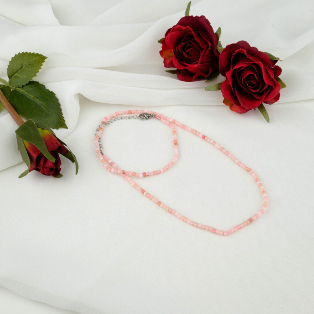 Pink opal cube-cut bead necklace (2–3 mm) with sterling clasp.