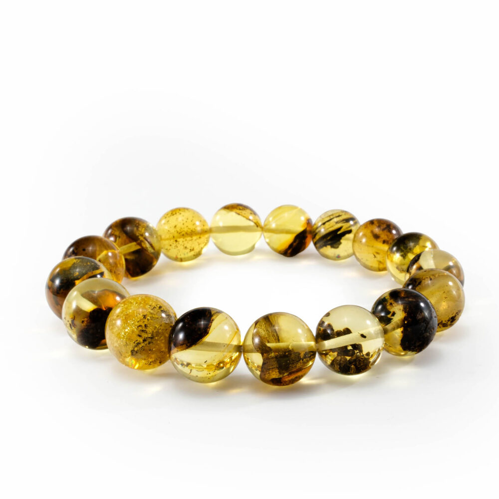 Pulsera de ámbar báltico certificada para adultos con cuentas redondas de 8-9 mm en mezcla verde y coñac.