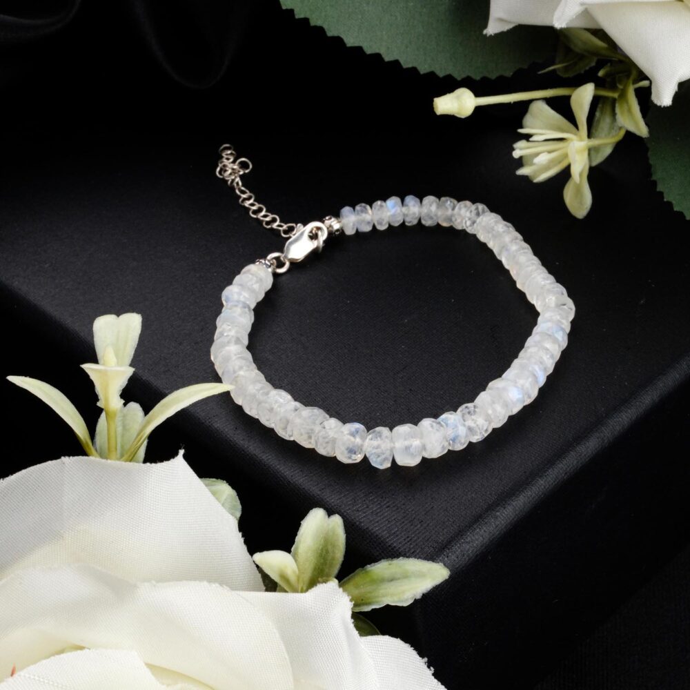 4mm faceted rainbow moonstone rondelle bracelet with 925 sterling silver adjustable clasp on black