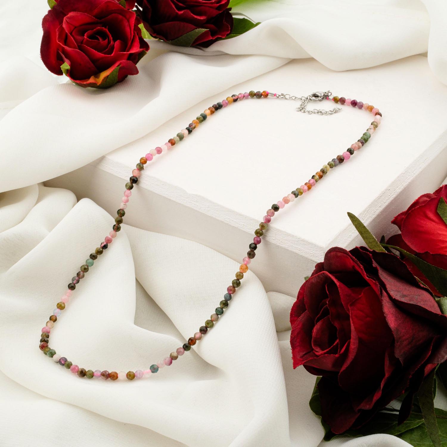 rainbow-tourmaline-faceted-necklace-3mm Delicate 3mm rainbow tourmaline faceted bead necklace on white display