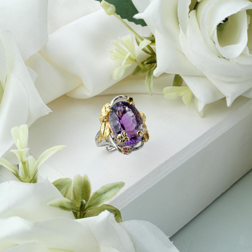 Exclusive design 925 sterling silver ring featuring a premium violet amethyst gemstone on white