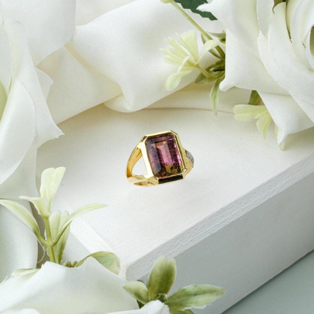 Emerald-cut bi-color watermelon tourmaline ring in gold-plated 925 sterling silver on white
