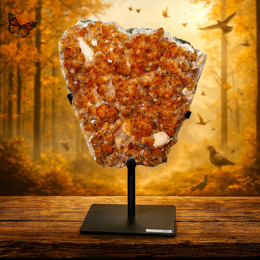 Natural raw yellow citrine crystal cluster on a black metal display stand with forest background