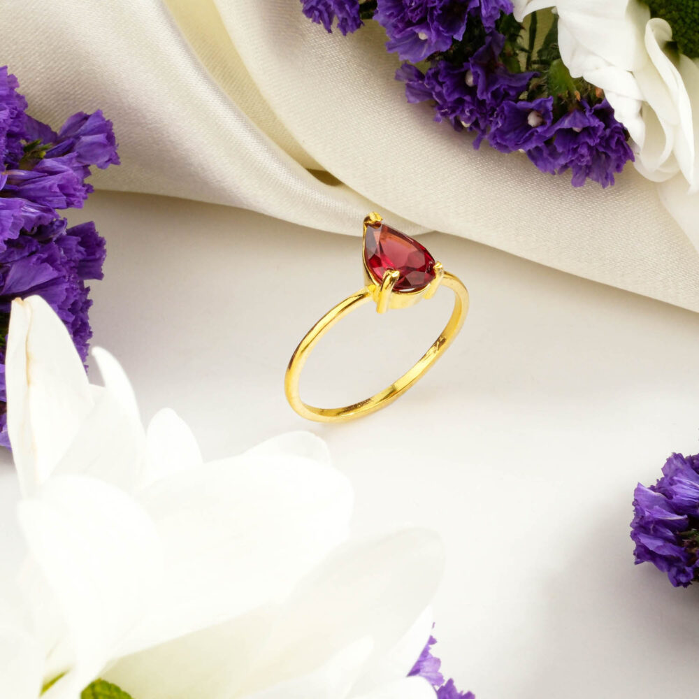 Minimalist pear cut natural garnet ring in gold plated 925 sterling silver