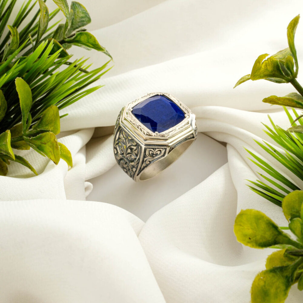 Handcrafted 925 sterling silver men's ring featuring a square blue lapis lazuli stone with engraved side details