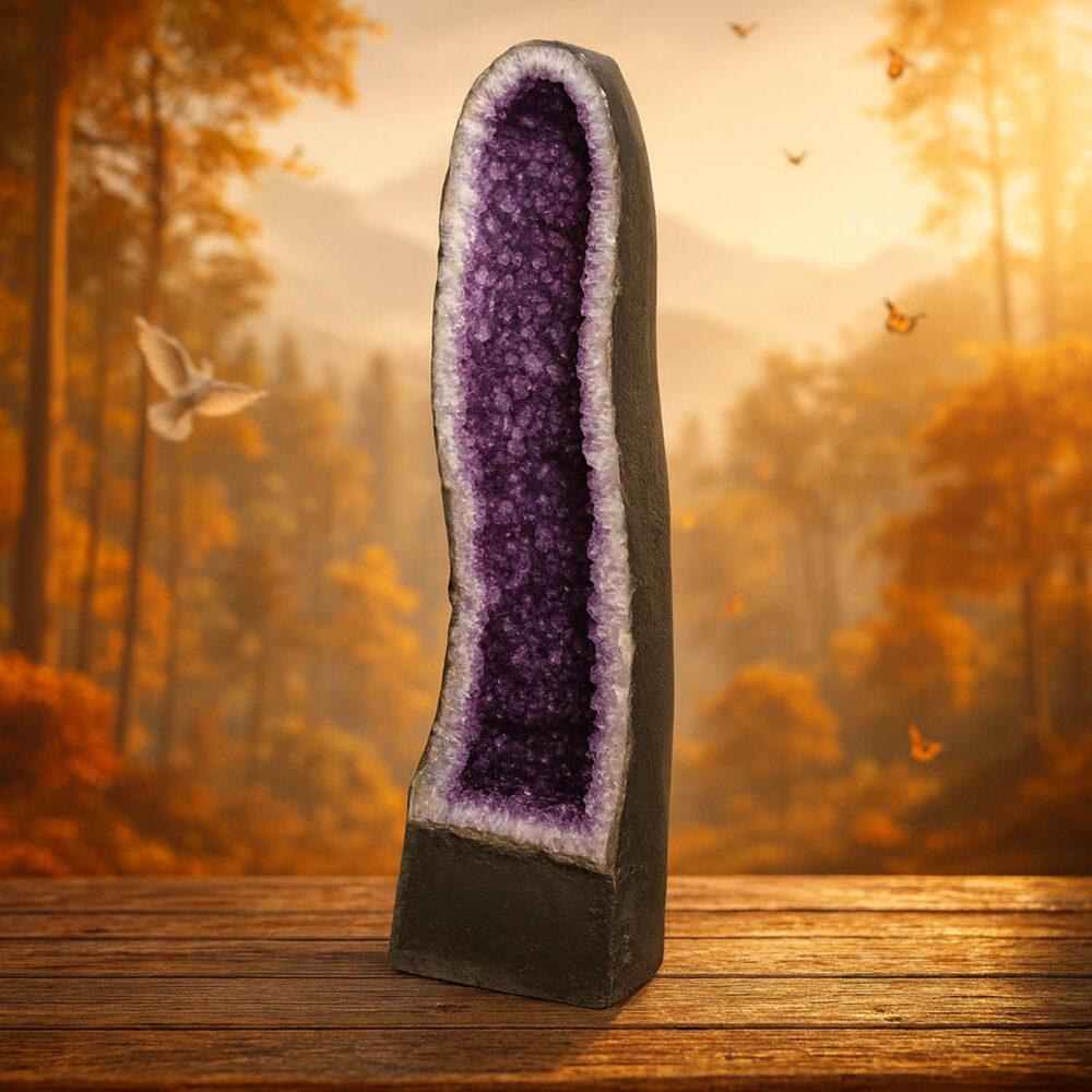 Tall natural amethyst geode cathedral with deep purple crystals standing on wooden table