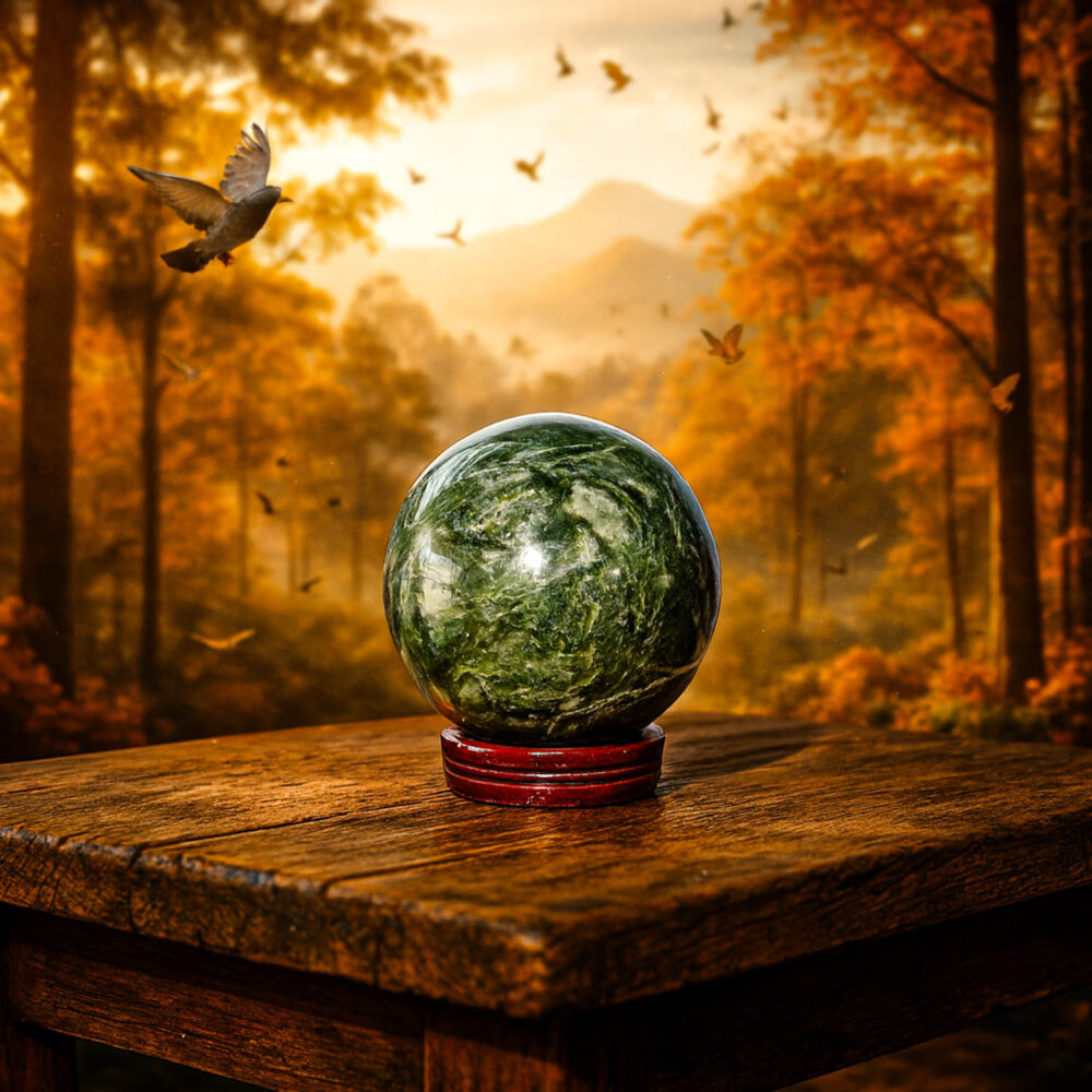 Large green jade crystal sphere on a wooden display stand with forest background