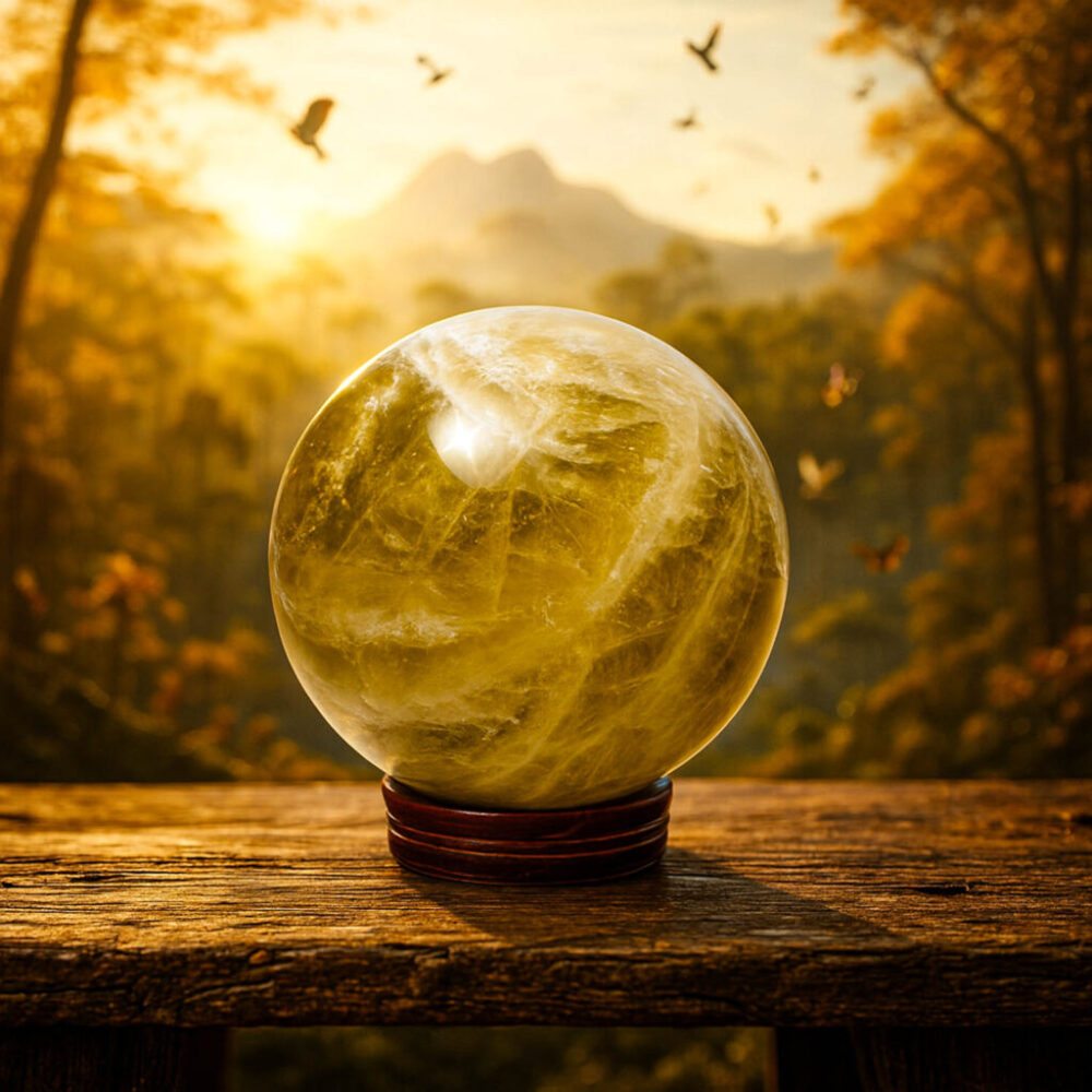Large yellow lemon quartz crystal sphere on a wooden display stand with forest background