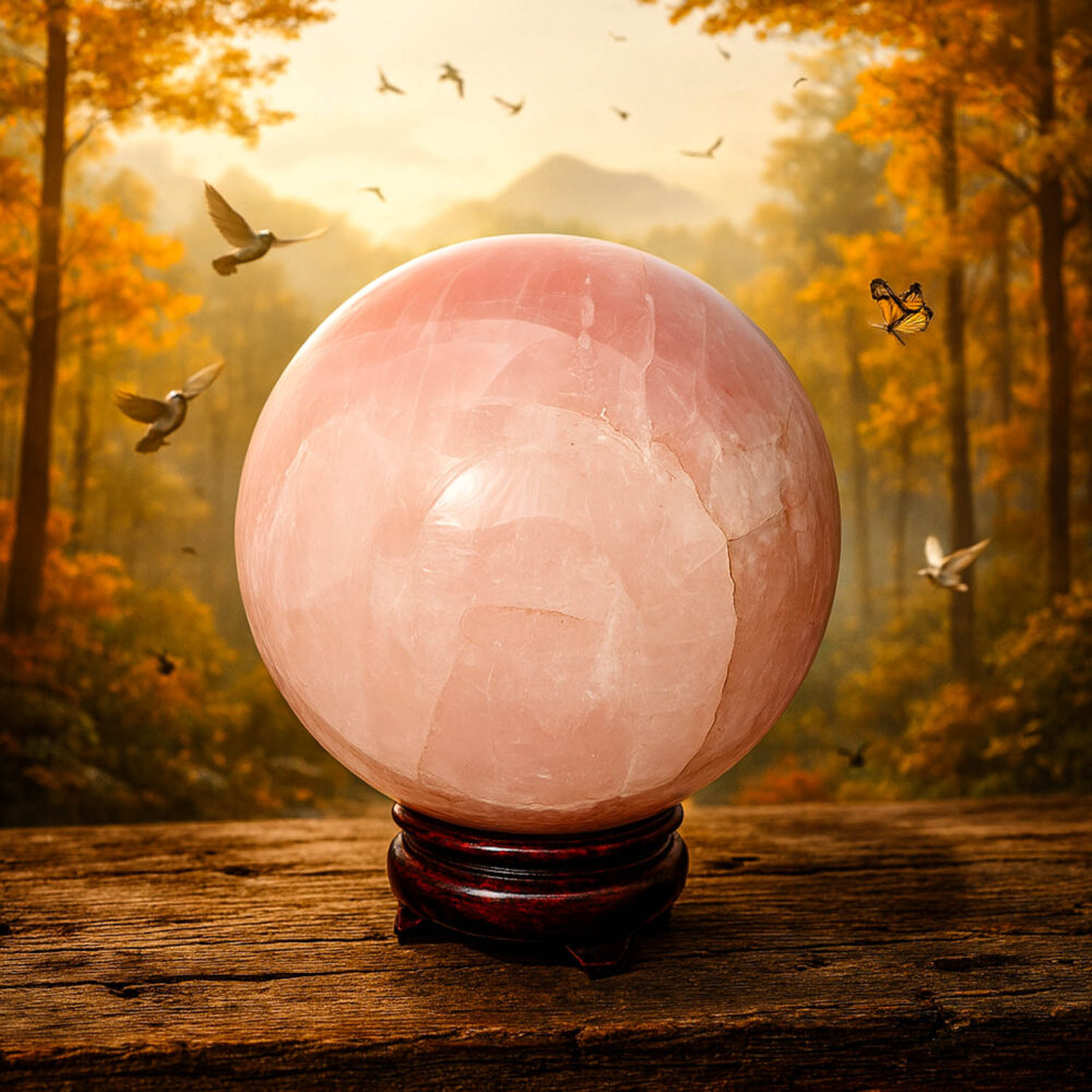 Large pink Madagascar rose quartz crystal sphere on a wooden display stand with nature background