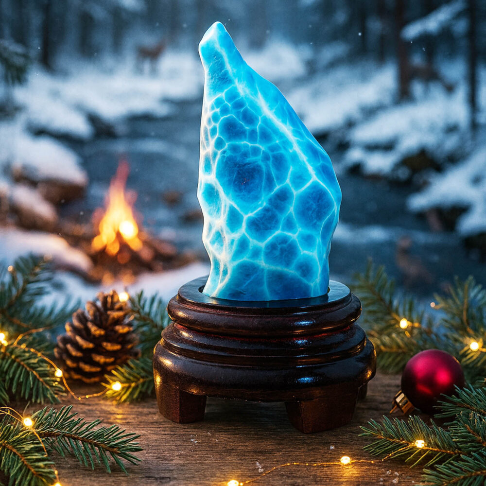 A large raw blue Larimar stone specimen with white patterns displayed on a dark wooden stand