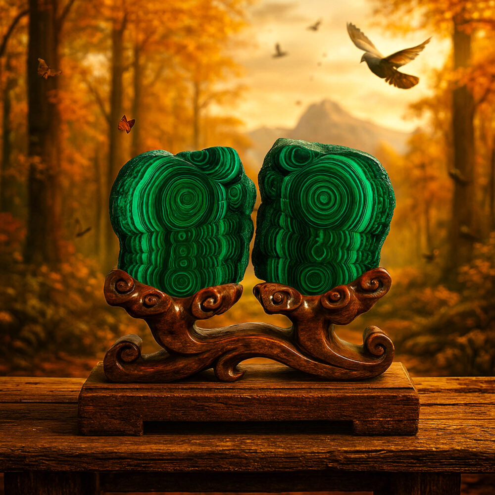 Polished natural malachite slice on a display stand with vibrant green banding on wood background