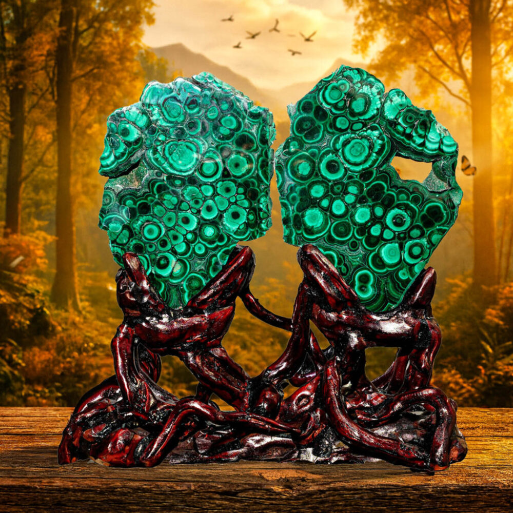 Polished natural malachite slice on a display stand with vibrant green banding on wood background