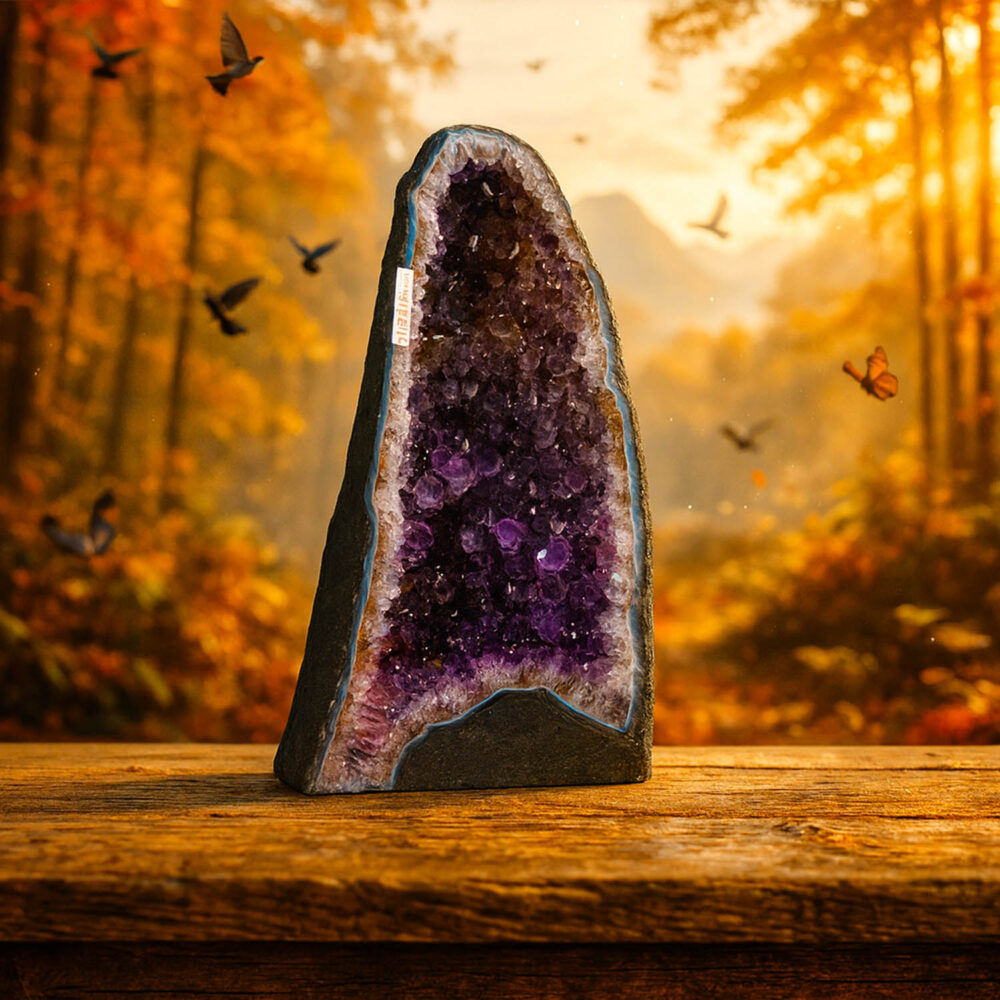 Tall natural amethyst geode cathedral with deep purple crystals standing on wooden table