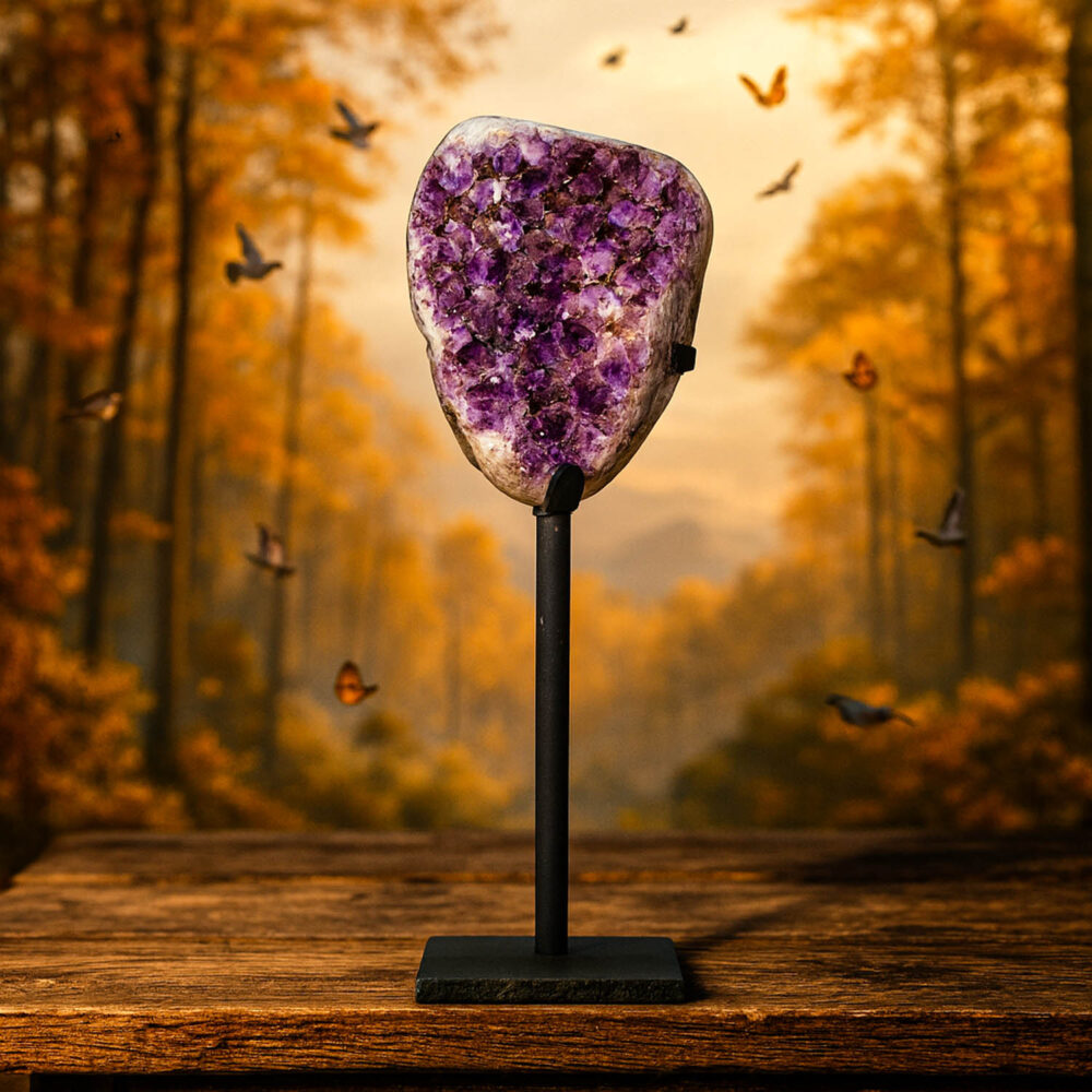 Natural amethyst geode raw crystal specimen with deep purple points on wooden stand