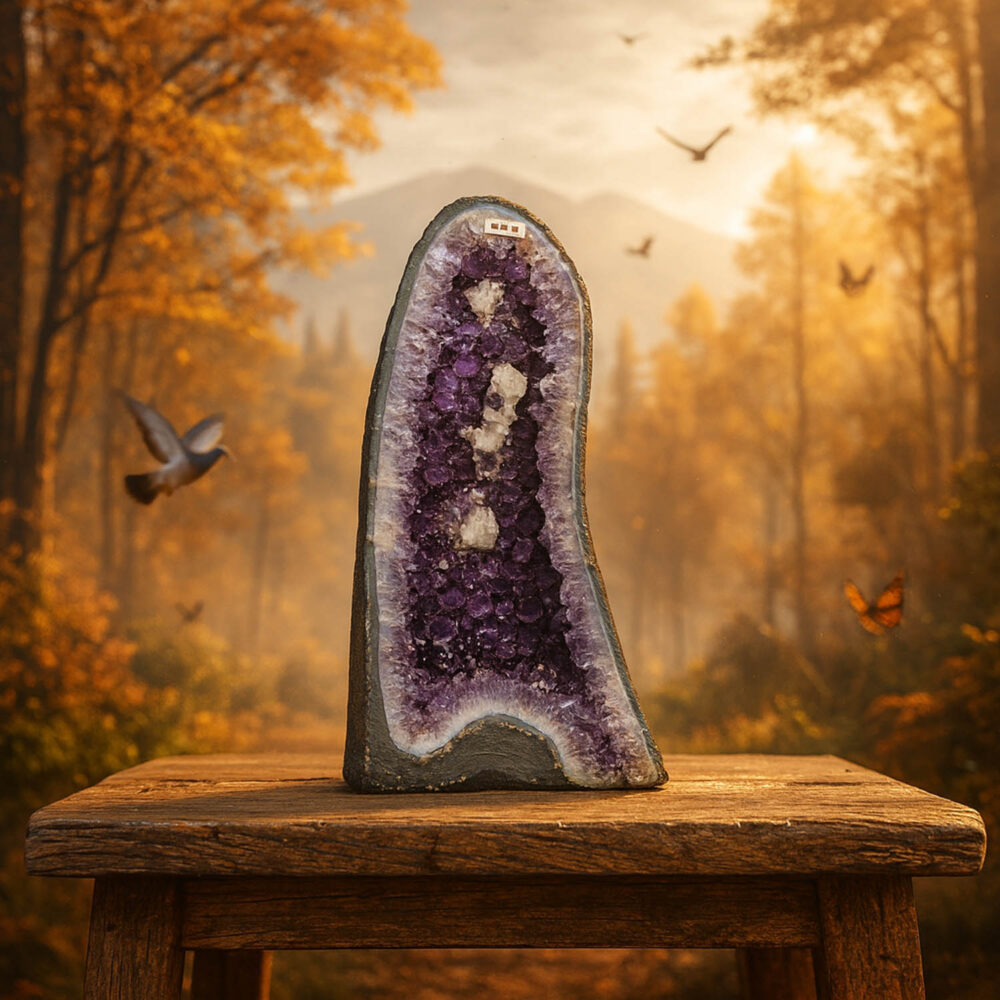 Natural amethyst geode raw crystal specimen with deep purple points on wooden stand