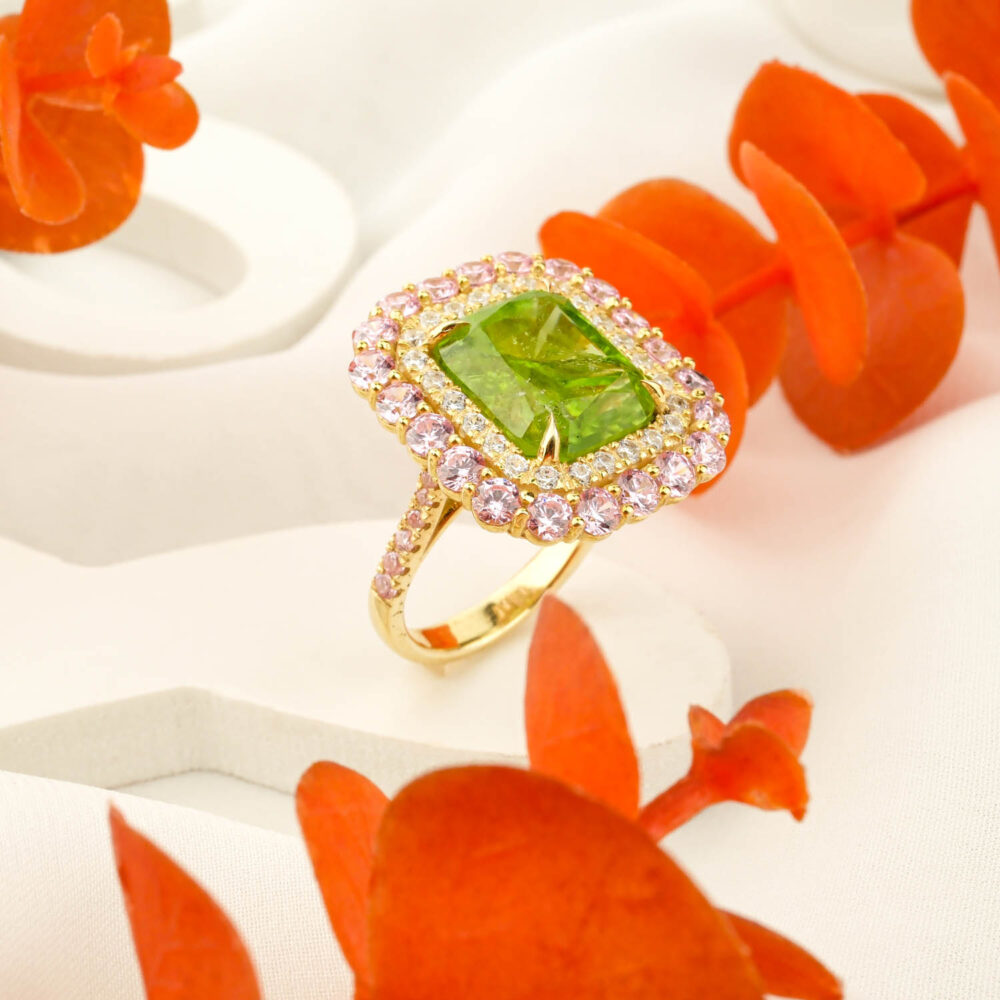 Special design Peridot and Pink Moissanite ring in gold plated 925 silver