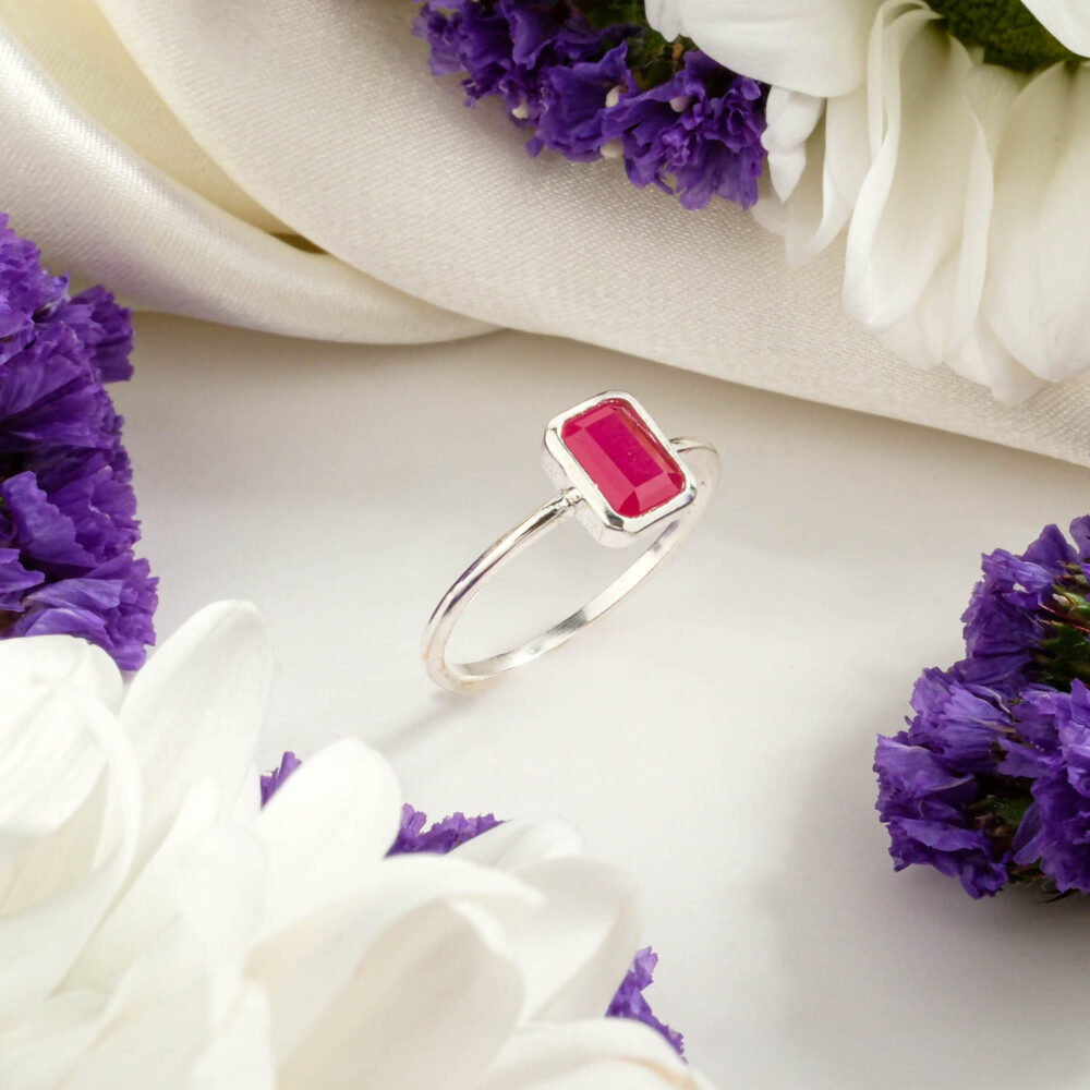 Minimalist emerald cut natural ruby ring in 925 sterling silver