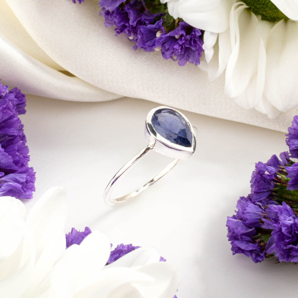 Minimalist emerald cut natural sapphire ring in 925 sterling silver