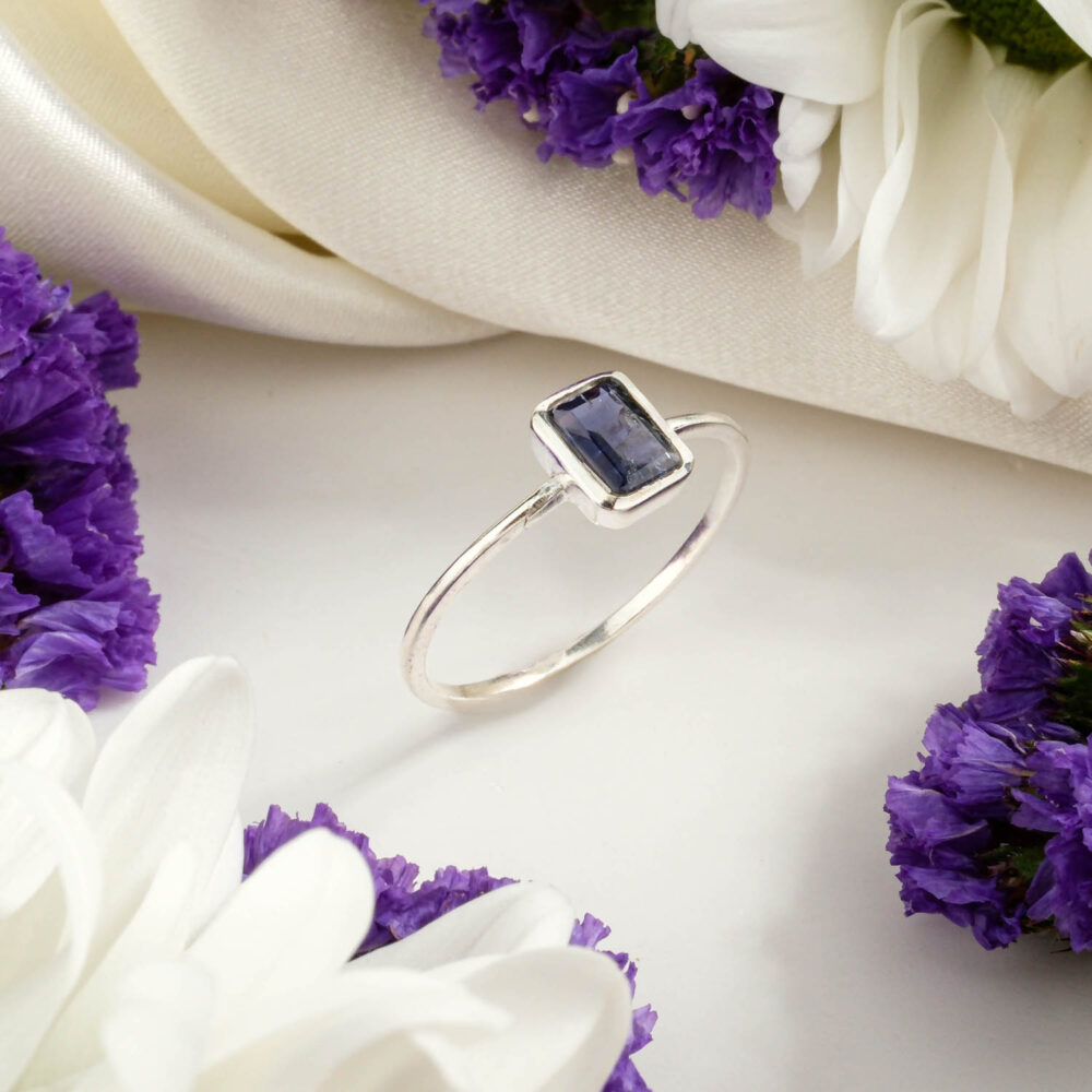 Minimalist emerald cut natural sapphire ring in 925 sterling silver