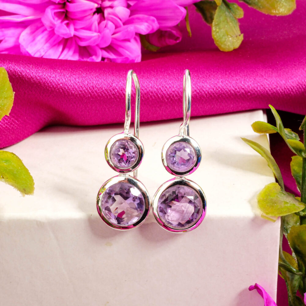 Amethyst double drop earrings with faceted round gemstones in 925 sterling silver