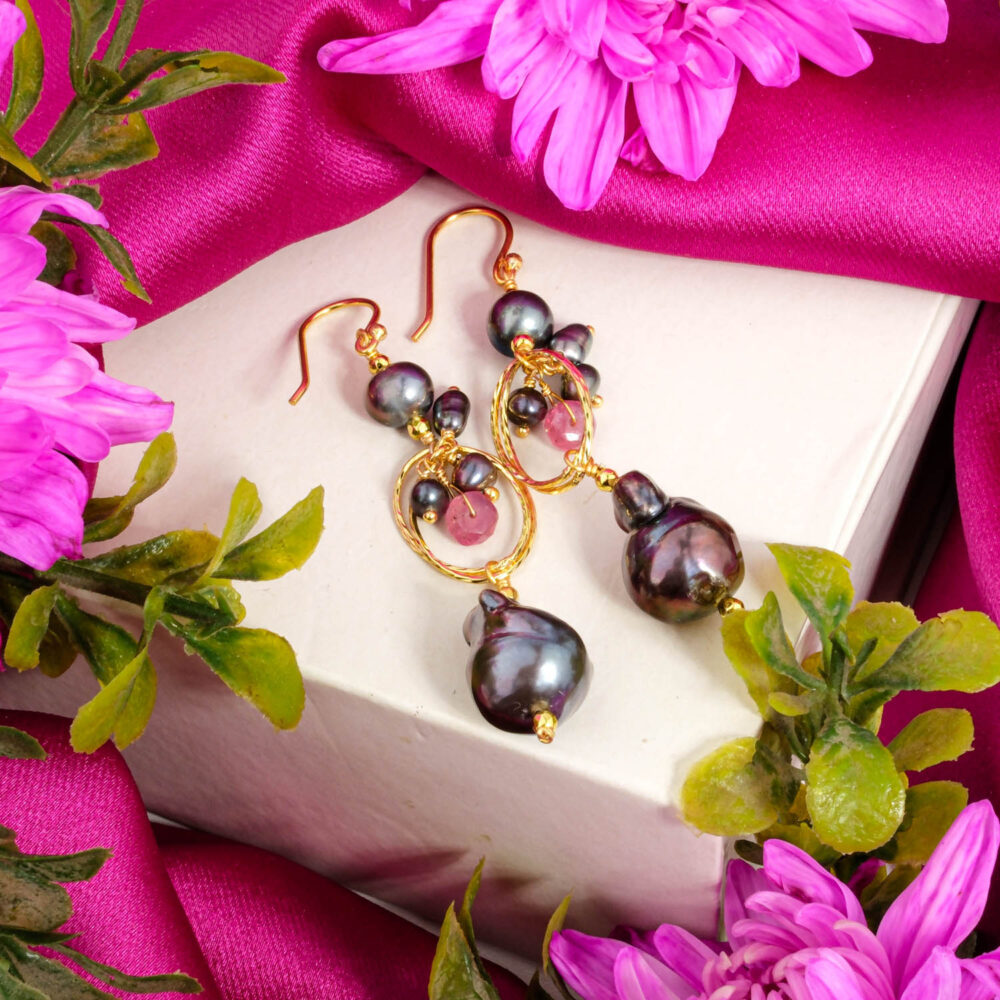 Ocean Baroque Pearl and Ruby gemstone cluster earrings in gold plated sterling silver