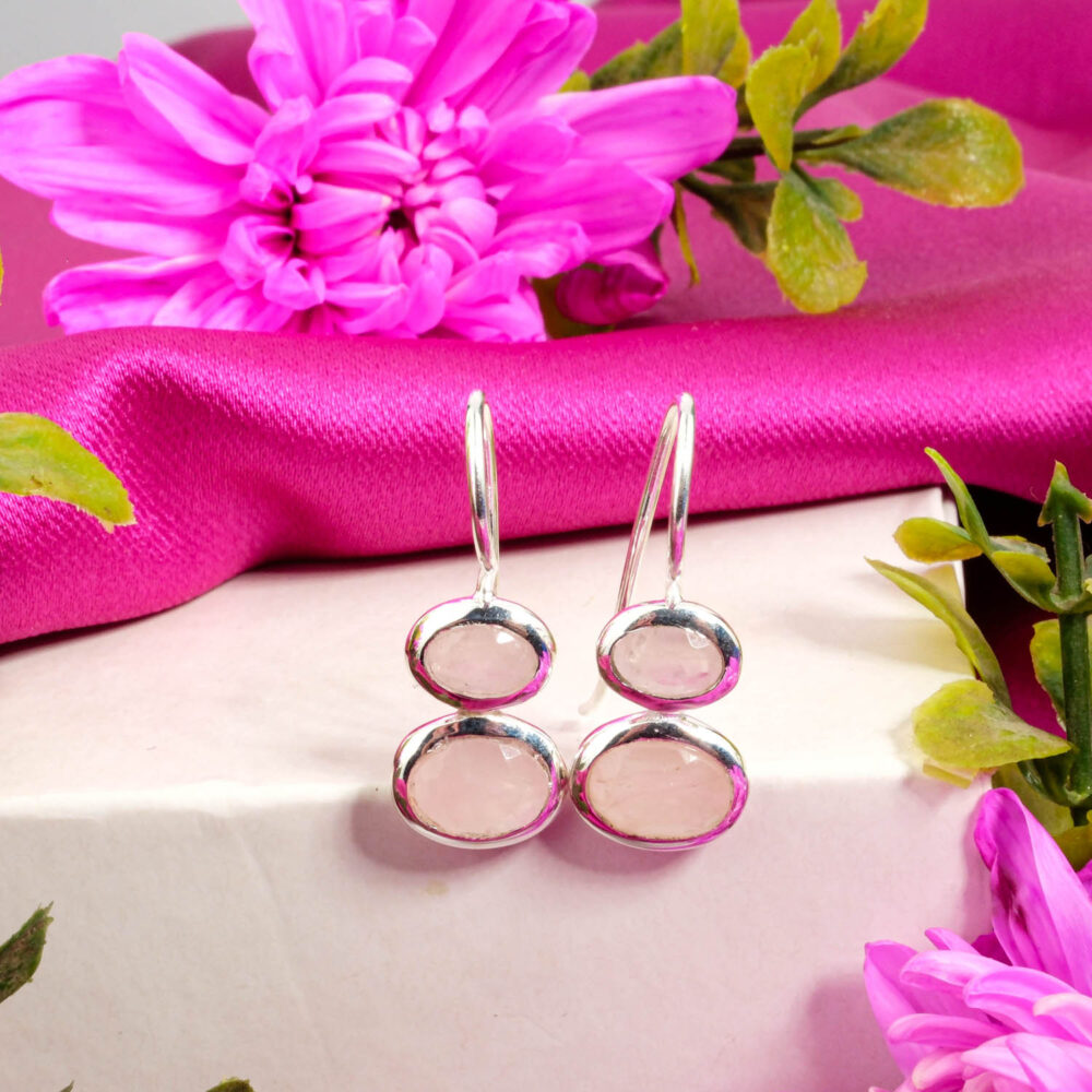 Rose Quartz double drop earrings with oval gemstones in 925 sterling silver