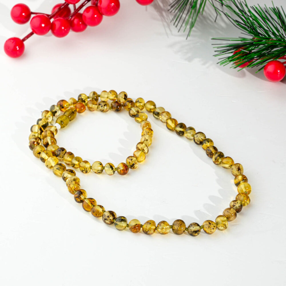 Certified natural green olive amber beaded necklace for adults with polished finish